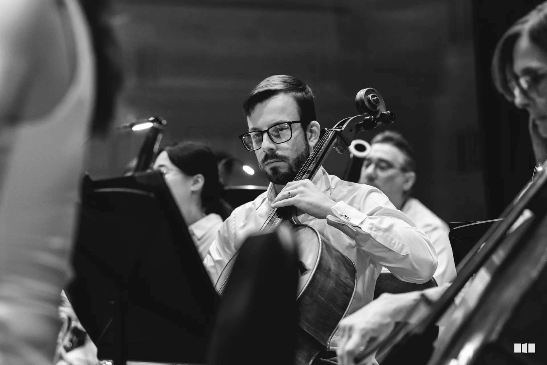 Cellist in concentration during an Australian Christian Orchestra performance