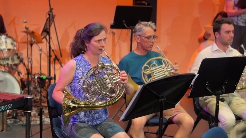 French horn players perform together during an orchestral rehearsal or concert against an orange backdrop.