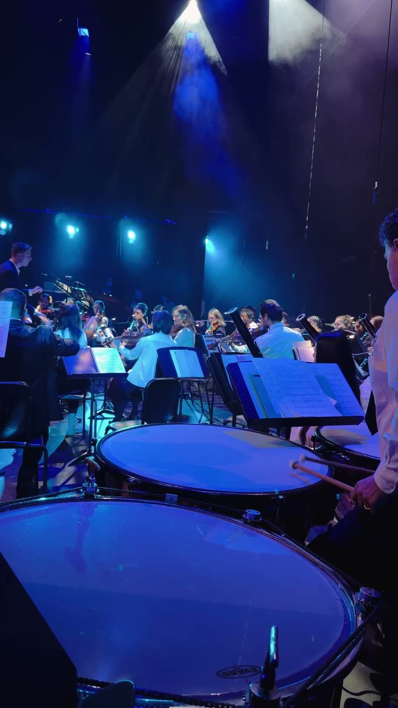 A symphony orchestra performing on stage under blue lights.