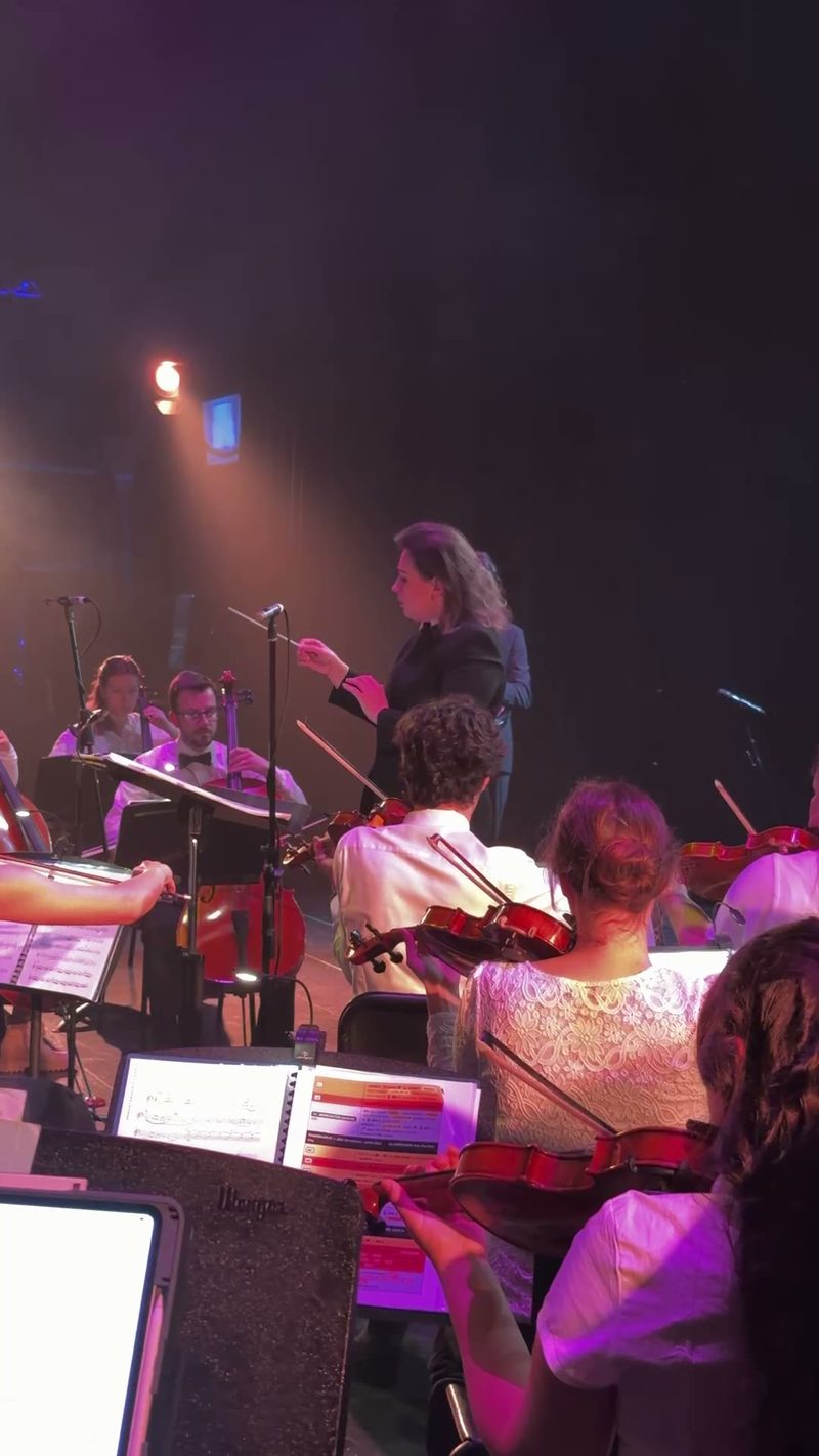 A conductor leads an orchestra during a performance on stage.