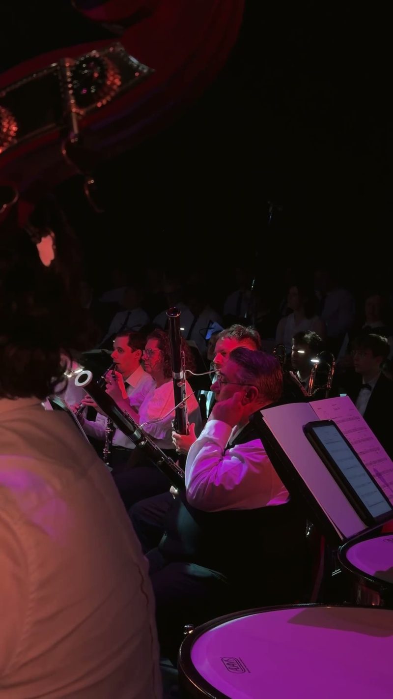 Musicians playing woodwind instruments in an orchestral setting.