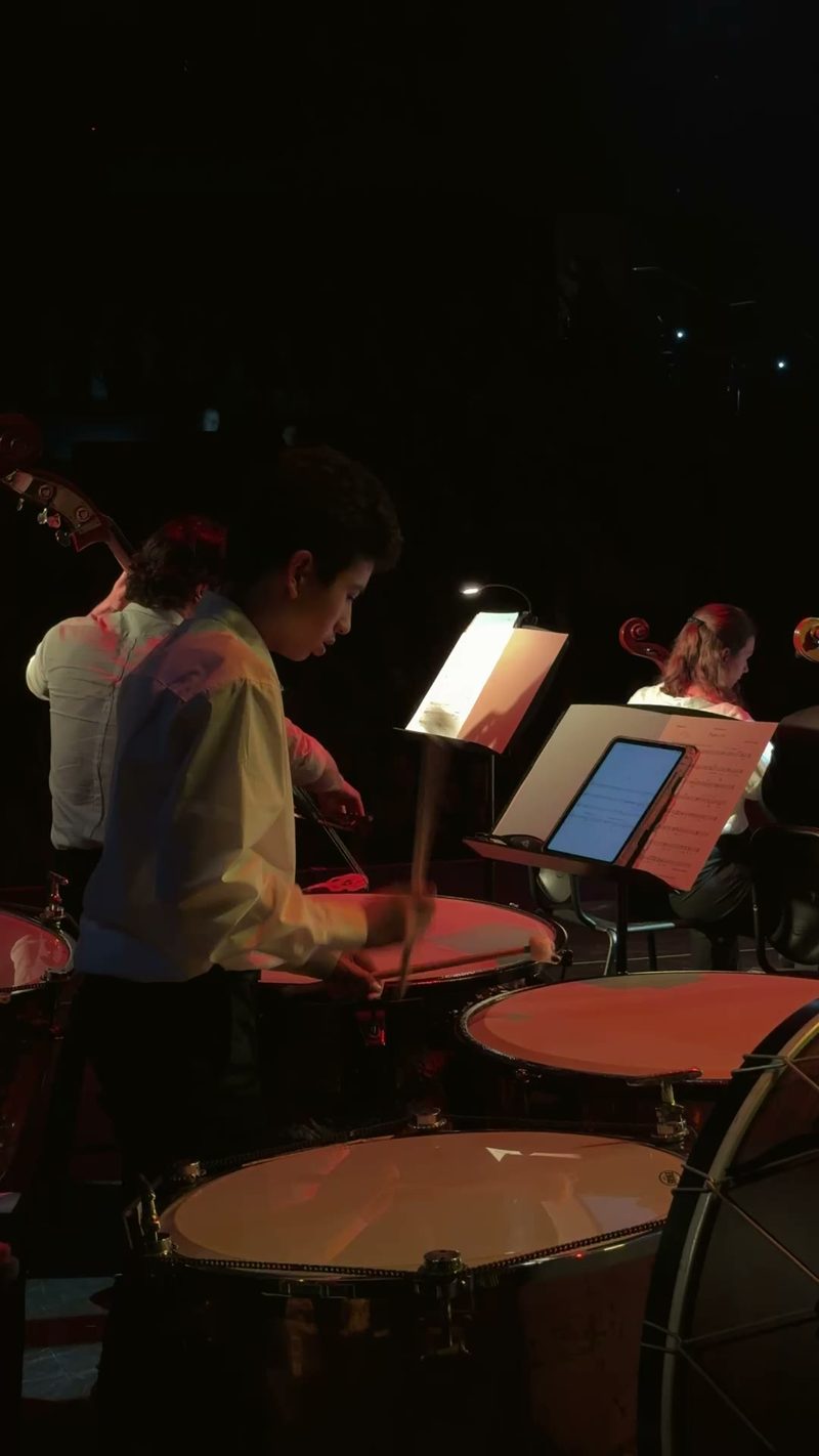 A young percussionist playing in an orchestral setting.