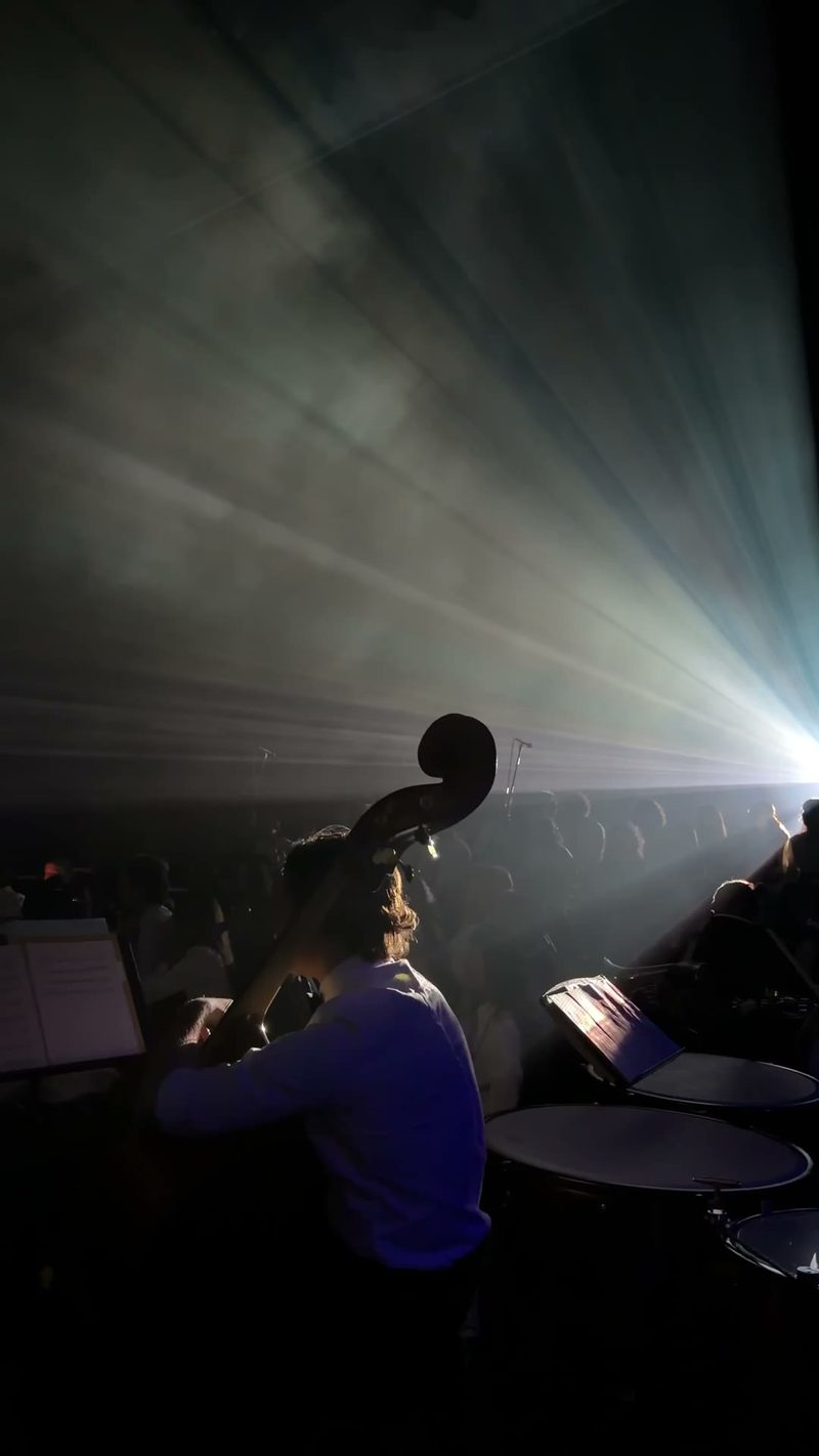 A musician plays a double bass in front of an audience illuminated by stage lighting.